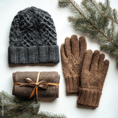Gray beanie, brown mittens, and scarf, gift-wrapped