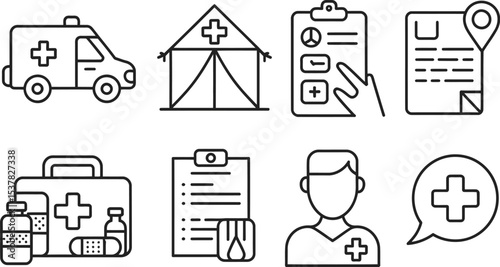 Line style icons of mobile clinics and outreach showing medical van, field chart, rural health file, portable records symbol

