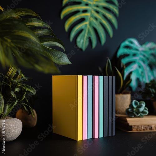 Stacked colorful notebooks amongst tropical plants