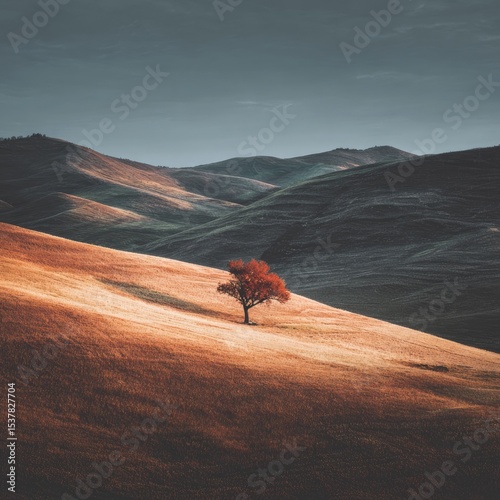 Lonely red tree on golden hills