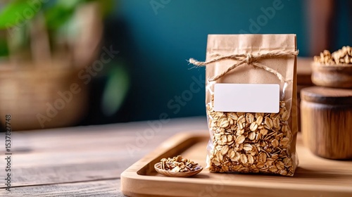 mockup of rectangle sticker label on transparent bag filled with granola, placed on natural tone wood tray, soft ambient light, front-facing clear view, blank branding zone