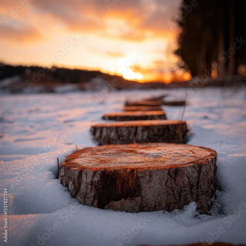 Wooden logs form a path through snowy landscape at sunset