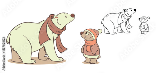 A heartwarming illustrated family of polar bears wearing scarves and hats on a white background with outline versions