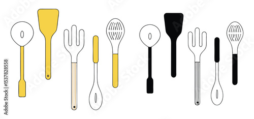A modern vector illustration featuring kitchen utensils such as spatulas forks and spoon-shaped tools in varying colors and outlines