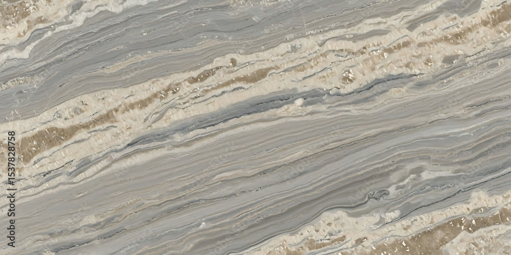 Fototapeta premium Layered Travertine Texture, Banded Stone Pattern, Porous Grey White Surface, Natural Mineral Formation, Abstract Modern Material