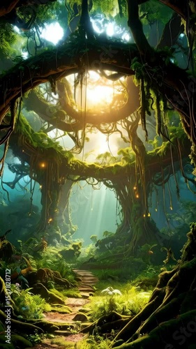 Enchanted forest path leads through dense trees to luminous clearing with vines and vibrant moss, creating a fantastical woodland scene.