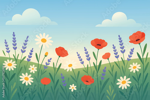 Beautiful Illustration of a Wildflower Meadow with Blue Sky