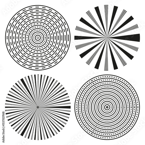 Radial circle pattern. Abstract circular icon. Optical geometry vector. Black white illusion.
