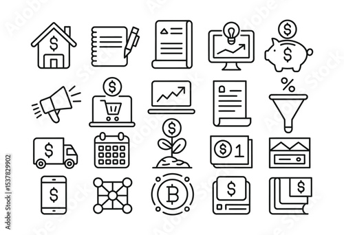 Thin line vector icons of income streams such as affiliate marketing, stock returns, royalties, digital courses, rental properties, and licenses


