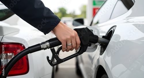 Close-up of a hand holding a fuel nozzle while refueling a modern car at a gas station, focus on the nozzle and hand, blurred background, natural daylight, clean and realistic setting, transportation 