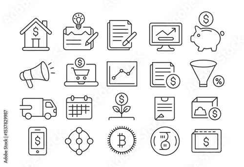 Vector line icons of passive income featuring savings interest, ecommerce stream, profit funnel, online course, digital license, and dividends

