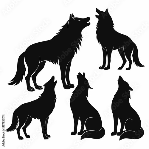 Black Silhouette of Wolves in Various Poses Minimalist Vector Graphic for Nature Wildlife and Logo Concepts