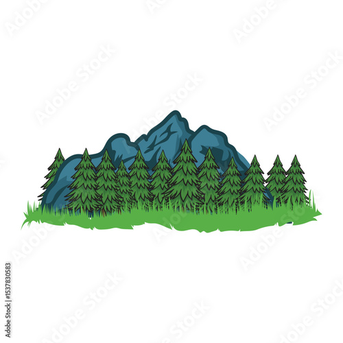 mountains with pine forest with separate white background