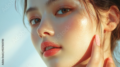 A macro photo of glossy lips and flushed cheek of an Asian model, pastel pink nail pressing into cheek softly, extreme detail of skin pores and texture, high gloss lighting.