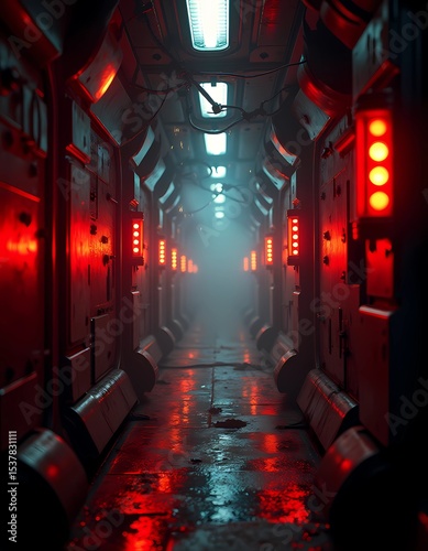 Fototapeta Naklejka Na Ścianę i Meble -  Venture into a mysterious corridor in a spaceship background 4k, where vibrant lights illuminate the path through advanced technology and atmospheric fog.