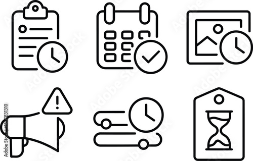 Line style icons of social media content deadlines featuring post by date, publish alert, story tag, and time left bar

