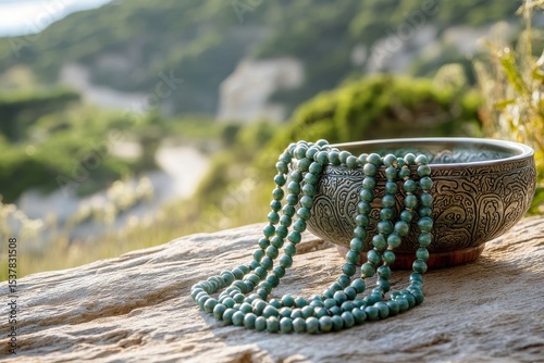 Meditation Beads. Tibetan Bowl with Mala Beads on Green Nature Seaside for Mindfulness and Zen