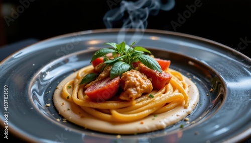 Delicious steaming bowl of spaghetti pasta topped with fresh basil, cherry tomatoes, grilled chicken, and aromatic herbs served on a dark background photo