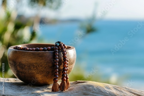Meditation Beads. Tibetan Bowl with Mala Beads on Seaside for Mindfulness and Buddhism