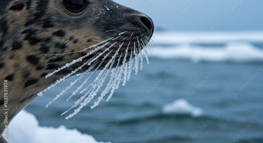 Fototapeta premium Close-up of a harbor seal's face with icy whiskers