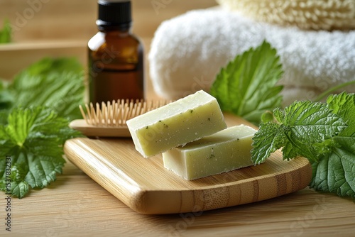 Natural Shampoo And Conditioner: Handmade Nettle Solid Herbal Soap Bars on Wooden Dish