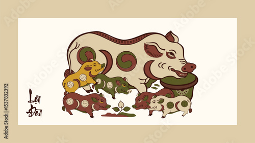 Dong Ho Painting - Vietnamese Folk Painting: Herd of Yin-Yang pigs