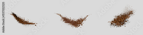 Flying coffee or chocolate powder, dust particles in motion, ground splash isolated on light background. Vector illustration.