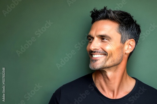 Idea of style for aging men. Modish men's high fade haircut - midlife white man with black hair. Green solid background. A radiant and poised man in a professional portrait.