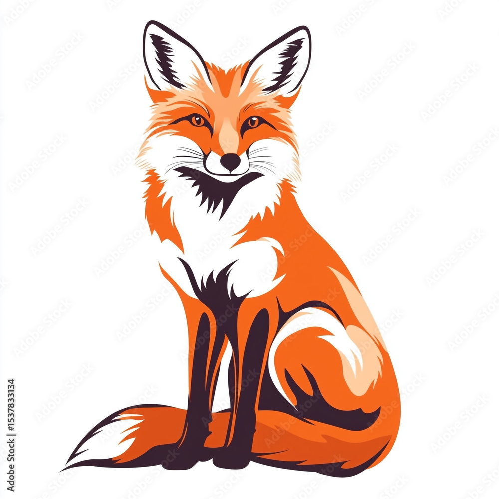 Obraz premium A captivating cartoon illustration of a red fox with a bushy tail and white chest, depicted in a sitting pose, against a clean white background.