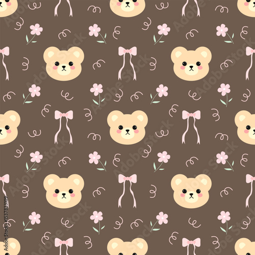 Bears bow flowers on brown background, Fabric pattern,  gift wrapping paper , seamless pattern 