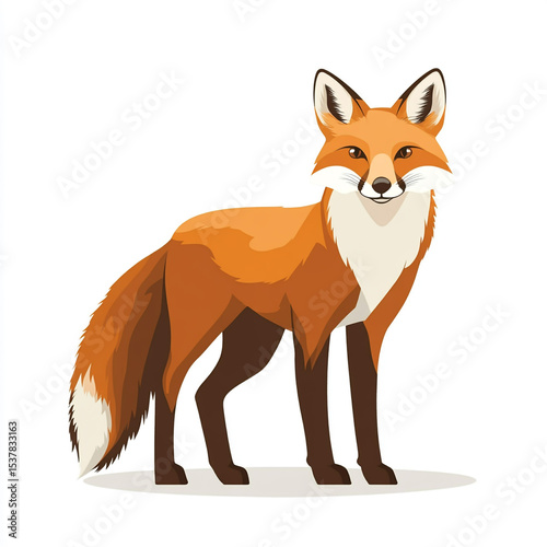 A captivating cartoon illustration of a red fox with a bushy tail and white chest, depicted in a sitting pose, against a clean white background.