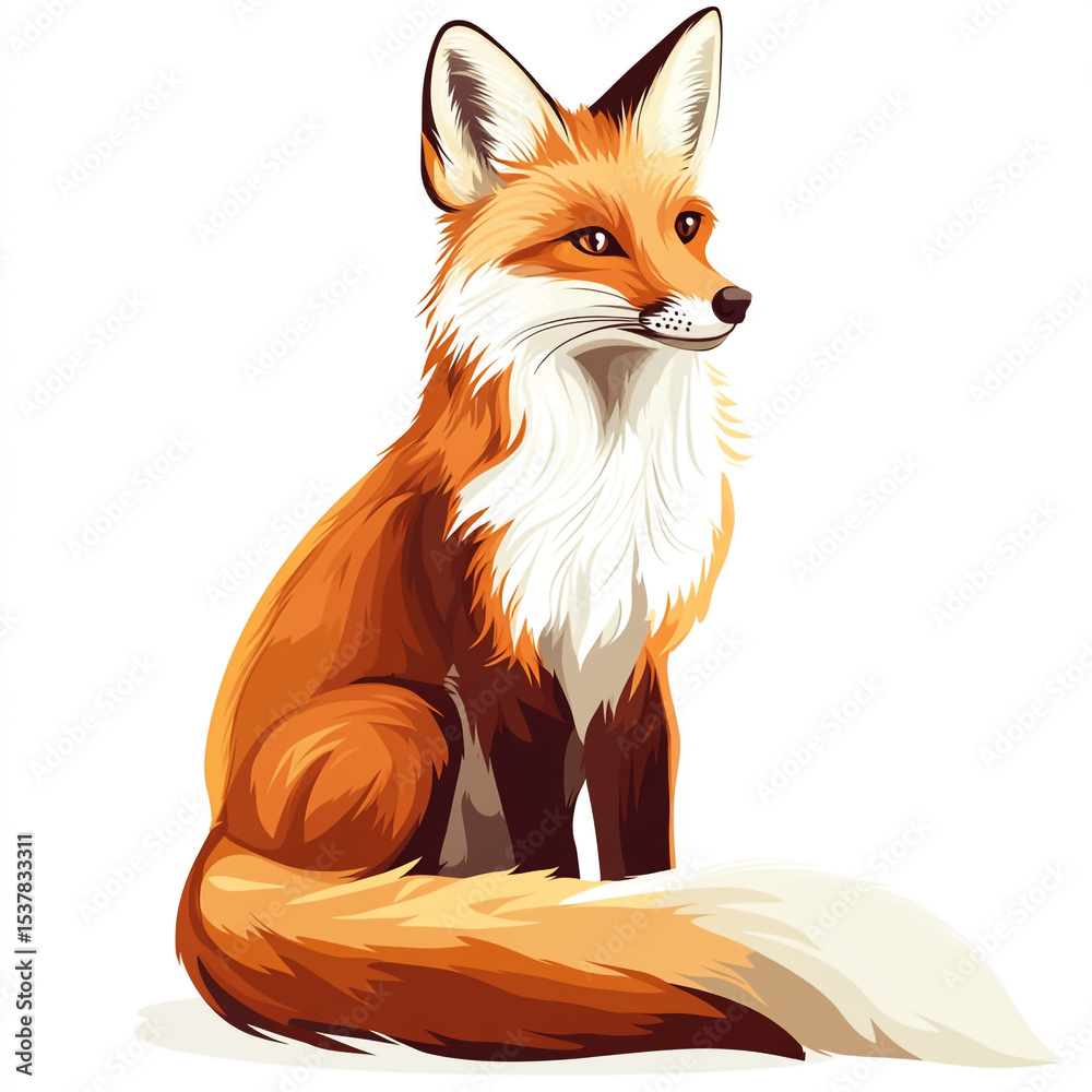 Obraz premium A captivating cartoon illustration of a red fox with a bushy tail and white chest, depicted in a sitting pose, against a clean white background.