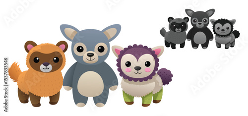 Adorable cartoon illustrations of diverse animals including bear, koala, llama, and sheep posing gracefully on a white background