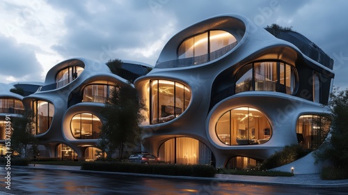 Futuristic Residential Building with Unique Organic Design and Warm Interior Lighting at Dusk