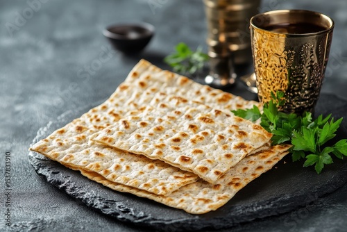 Passover Matza 2021: Matza Flatbread and Cup on Grey Background for Jewish Celebration