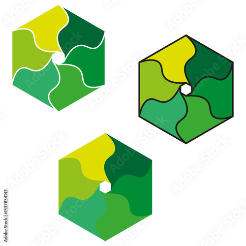 Green hexagon collection. Vector polygon shapes. Geometric crystal forms. Emerald color palette.