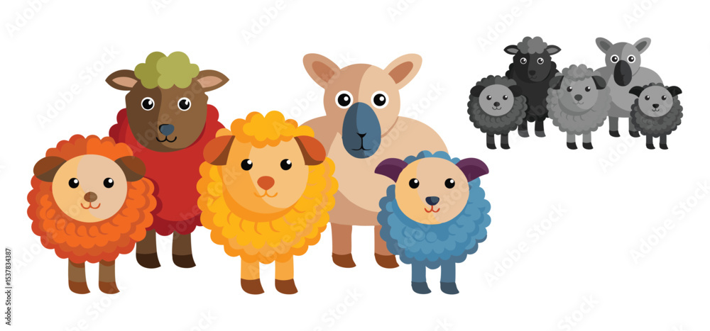 Fototapeta premium Adorable cartoon sheep and lambs of varying colors in a whimsical vector illustration suitable for children's books or design elements.