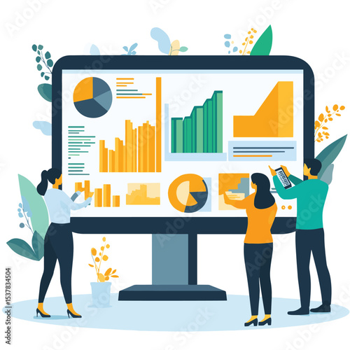 flat vector business people working for data analytics and monitoring on web report dashboard monitor and business finance investment concept, vector style simple color