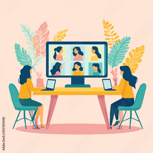flat vector women use remote technology working for video conferencing with team online concept, vector style simple color