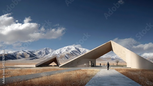  Architectural design of the Kunlun Mountain-themed visitor center is located on an open flat ground with the Kunlun Mountain in the background. 