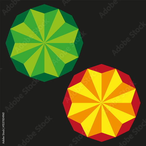 Geometric polyhedra shapes. Abstract starburst elements. Green orange pattern. Vector modern design.