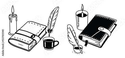 Artistic black and white illustration of journals feather pens candles and coffee cup isolated on white background