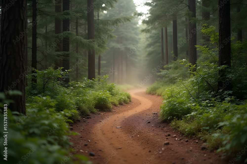 Fototapeta premium Dirt bike track curving into the dense forest trail with dust still settling. 