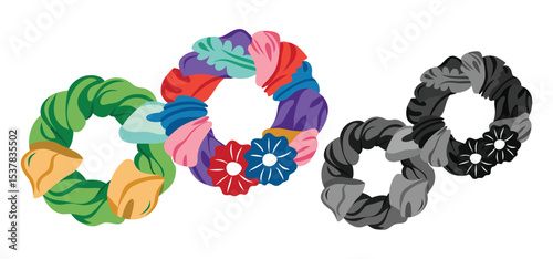 Artistic illustration depicting three decorative floral wreaths in vibrant colors and monochromatic gray scale on a white background