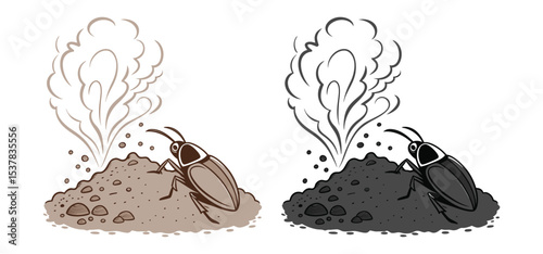 Artistic illustration of a beetle near a pile of dirt with puffs of dust emanating from the soil in vector graphics.