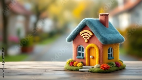 Mini house model with Wi-Fi symbol in focus, set against a blurred suburban background. Ideal for smart home, internet, connectivity, and modern technology concepts