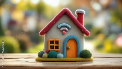 Mini house model with Wi-Fi symbol in focus, set against a blurred suburban background. Ideal for smart home, internet, connectivity, and modern technology concepts