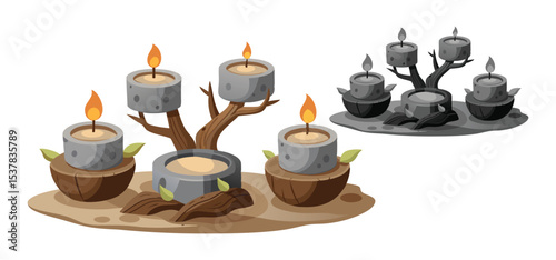 Artistic illustration of burning candles on wooden stands and tree branch displaying different styles with vibrant colors and simple designs.