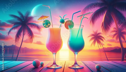 Two colorful pastel-coloured cocktails with tropical palm trees.