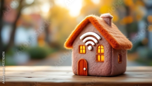 Mini house model with Wi-Fi symbol in focus, set against a blurred suburban background. Ideal for smart home, internet, connectivity, and modern technology concepts